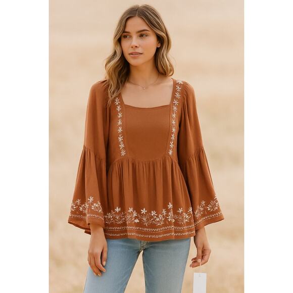 easel Tops - New Easel Los Angeles Boho Embroidered Peasant Top Camel White Floral Small